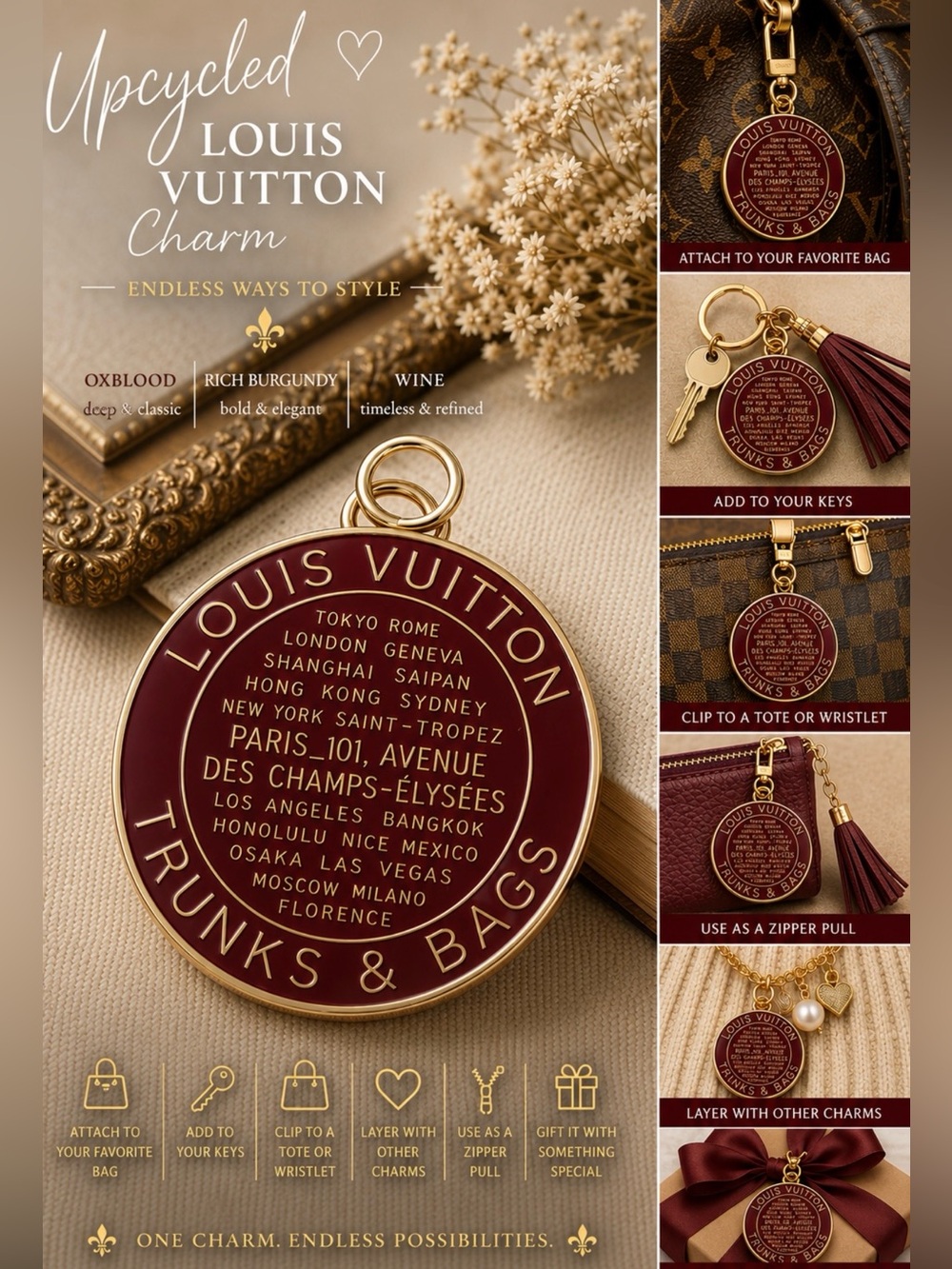 Upcycled Burgundy Designer-Inspired Travel Trunks & Bags Charm | Gold Tone | Bag